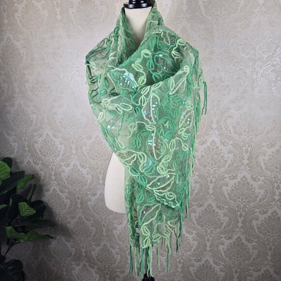Green Two-Tone Oblong Scarf Abstract Leaf Pattern Iridescent Sequins  Fringed - Picture 1 of 6